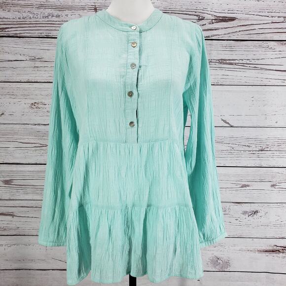 Soft Surroundings Aqua Blue Tiered Half Button Long Sleeve Top Size Medium - Picture 1 of 12